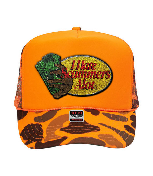 I Hate Scammers Alot Trucker Hat Orange Camo